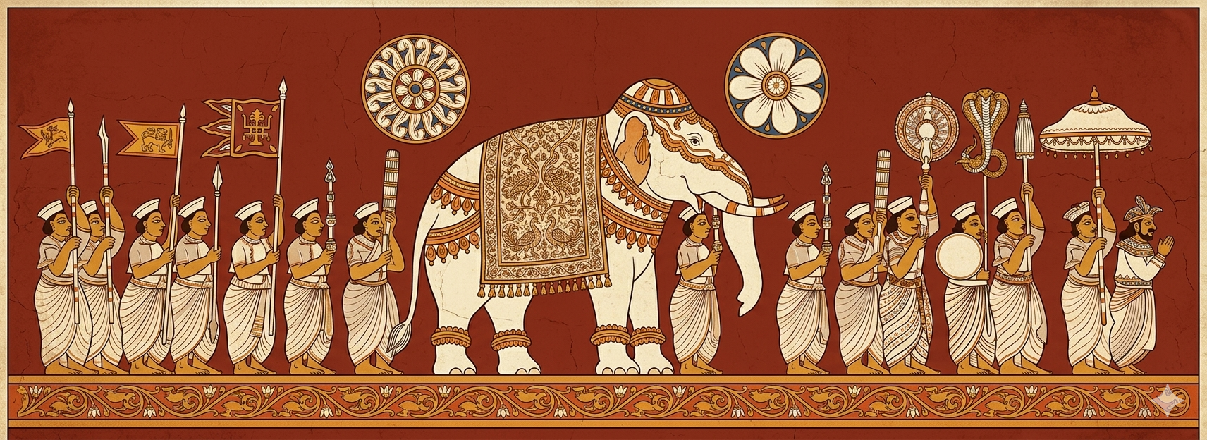 The Ēsela Perahāra procession — caparisoned elephants, drummers, and torch-bearers moving through the streets of Kandy at night