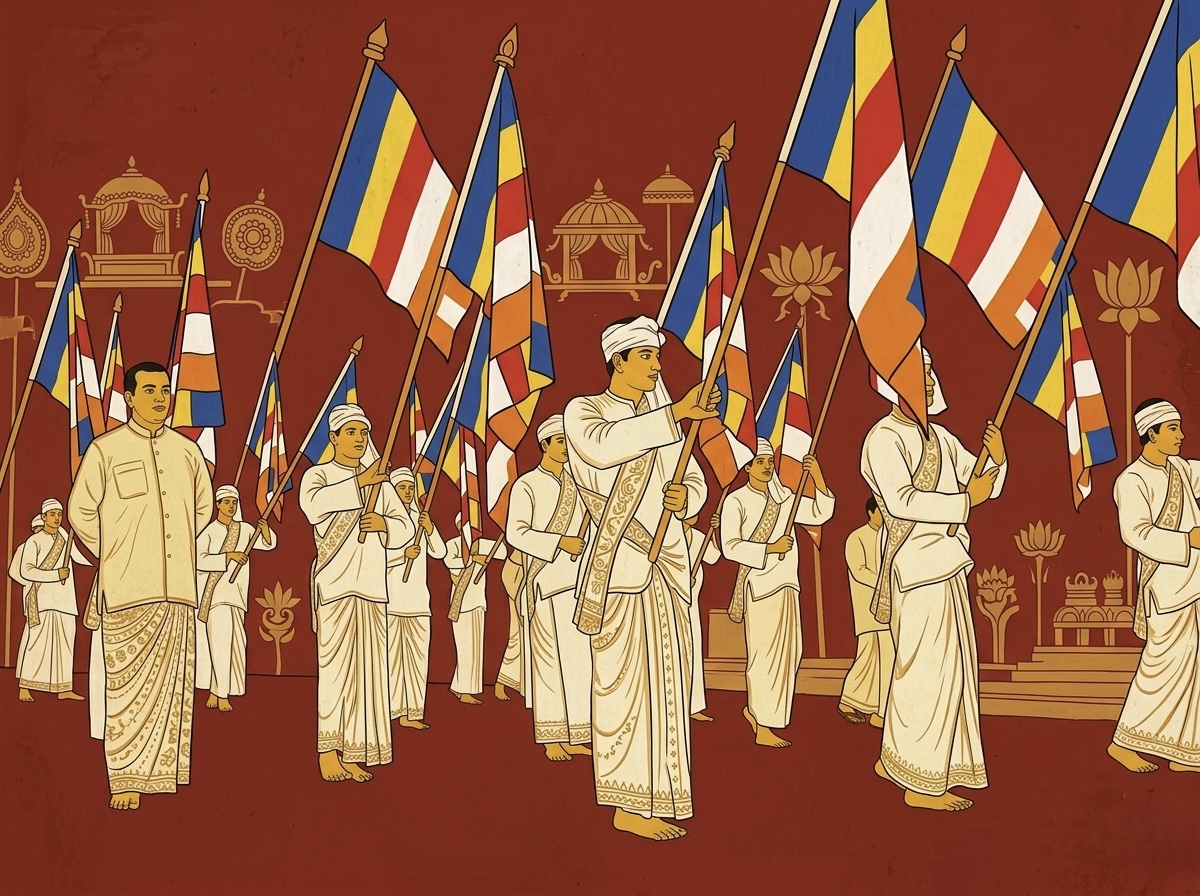 Kandyan mural illustration of the flag bearers carrying the six-coloured Buddhist flags