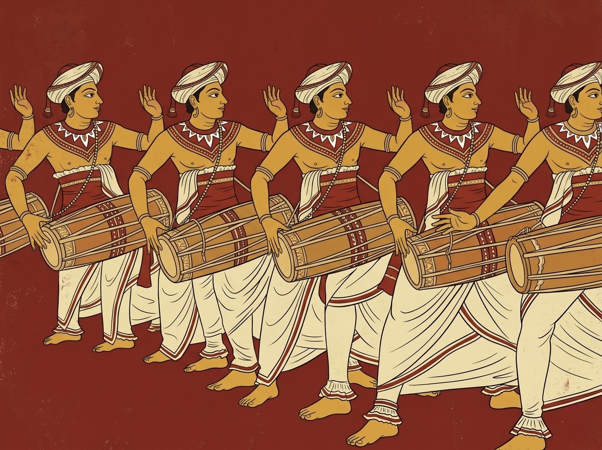 Kandyan mural illustration of the Geta Bera drummers — the panchaturya ensemble of the Ēsela Perahāra