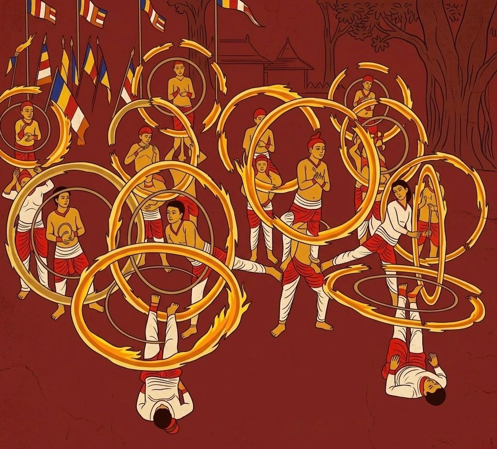 Kandyan mural illustration of Gini Keli — fire dancers performing at three levels in the Ēsela Perahāra