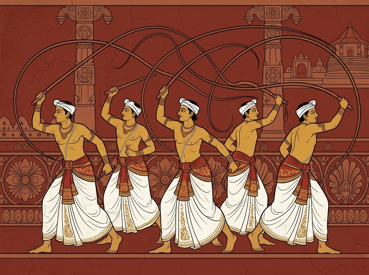 Kandyan mural illustration of Kasakarayo — the whip-crackers who open the Ēsela Perahāra