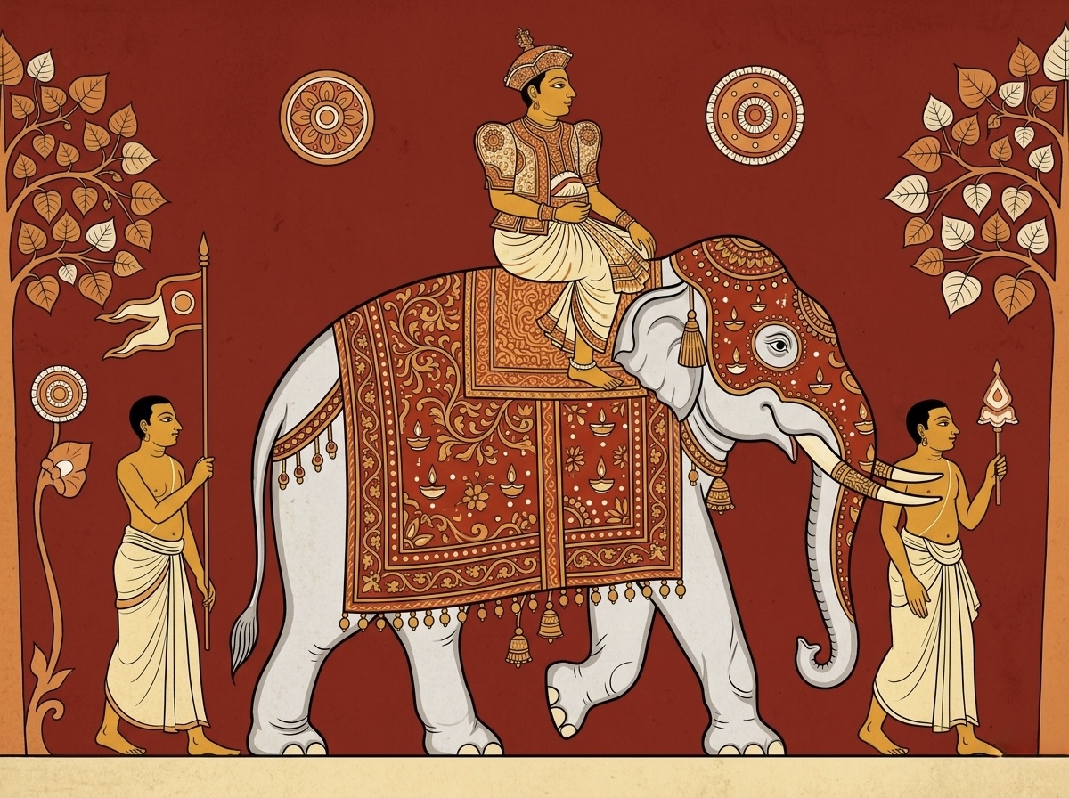 Kandyan mural illustration of the Peramuna Rala riding the first elephant