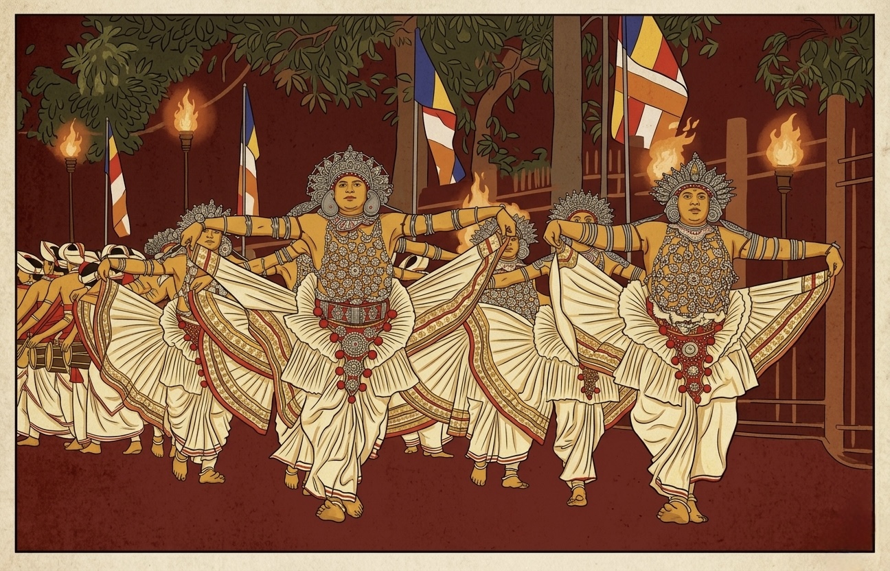 Kandyan mural illustration of a Ves dancer in full sacred costume with silver headdress