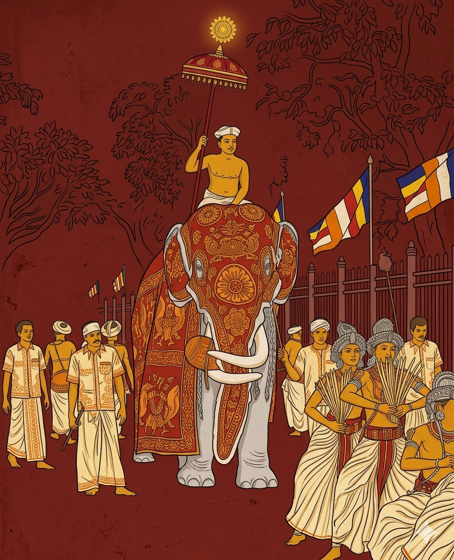 Kandyan mural illustration of Aliya — caparisoned elephants bearing officials and offerings in the Ēsela Perahāra