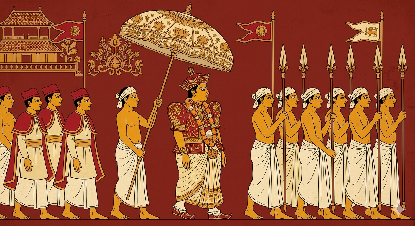 Kandyan mural illustration of the Diyawadana Nilame — the chief lay custodian of the Temple of the Tooth, in full court dress